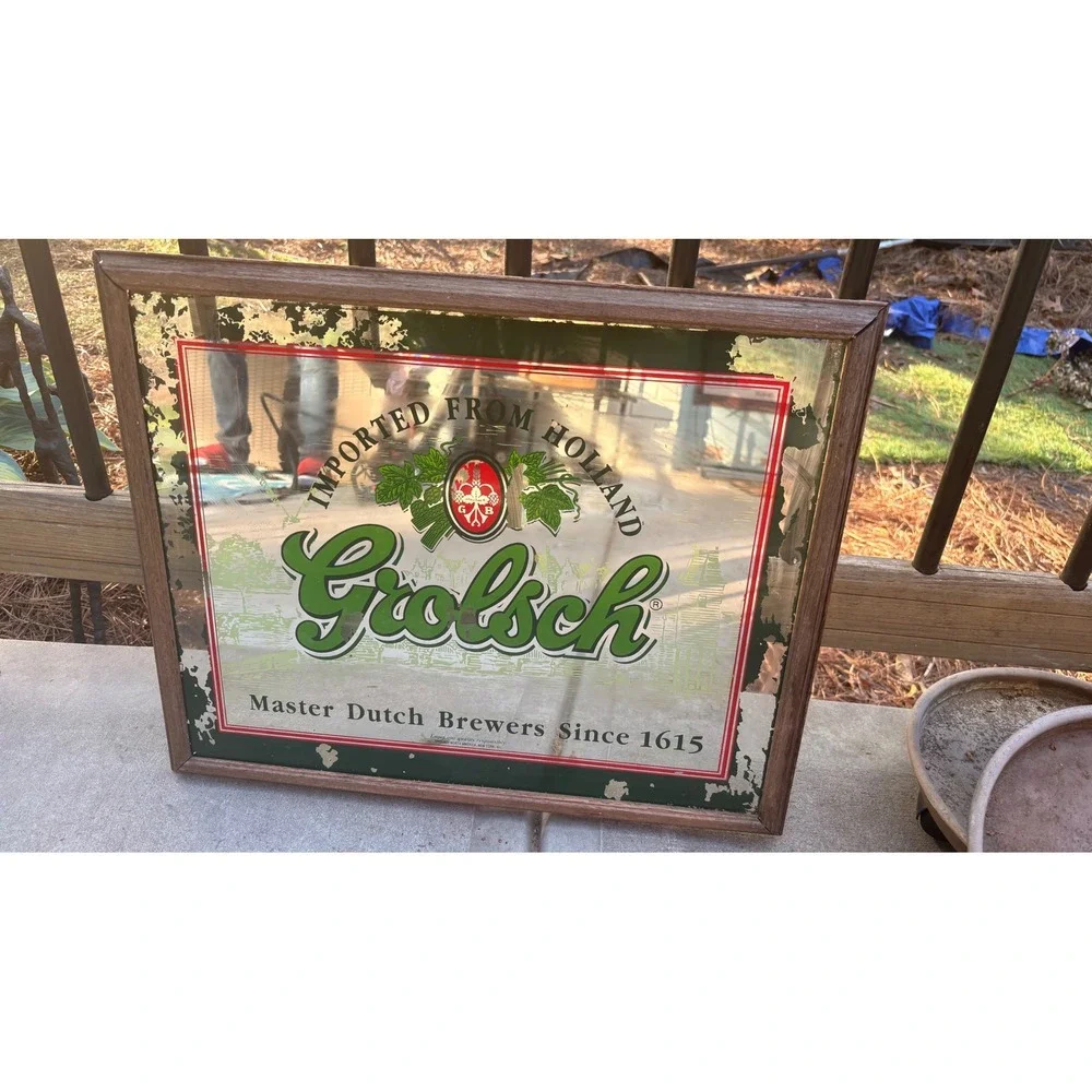 Vintage Grolsch Beer Bar Mirror Master Dutch Brewers Since 1615 Wood Frame 21x17